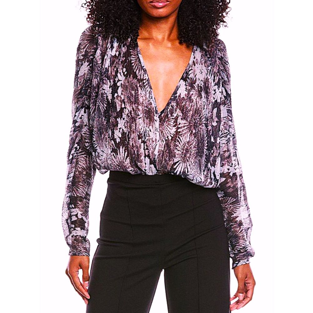 MeTaLLiC Ramy Brook Margot Purple Floral Bodysuit Billowing Blouson Sleeves $295